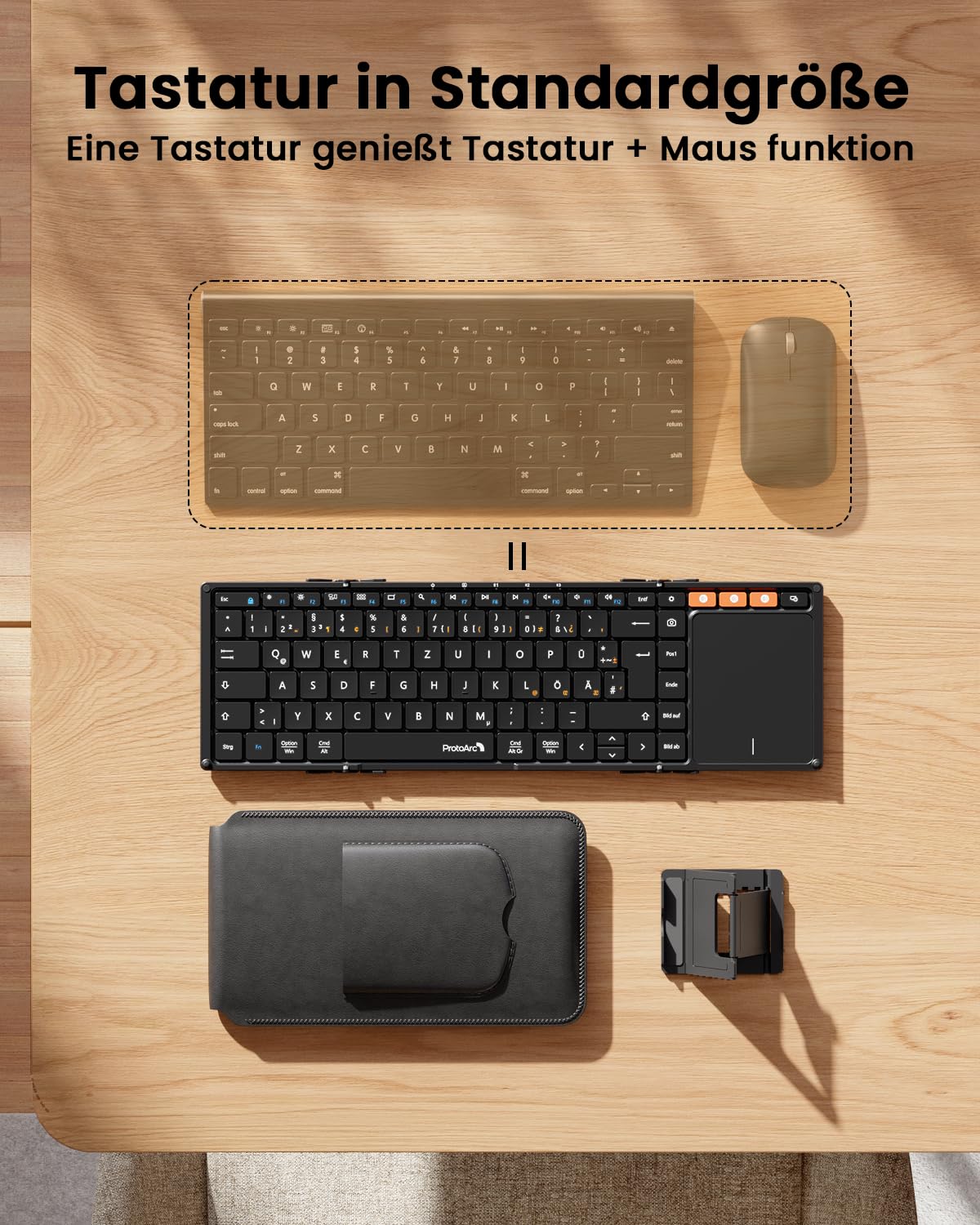 ProtoArc XK01 TP Bluetooth Tastatur Faltbare mit Touchpad, Tastatur Kabellos Klappbare QWERTZ Deutsch mit Groß Trackpad für iPad, iOS, Android, Windows Laptop PC Tablet - Schwarz