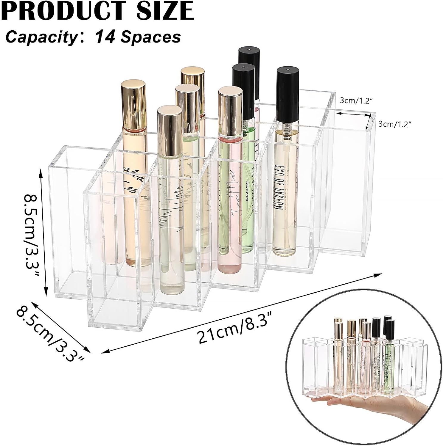 ELLDOO Rollerball Perfume Organizer, 14 Spaces Clear Acrylic Perfume Storage Holder Beauty Scent Holder, Stackable Makeup Lipgloss Lipstick Display Case Lip Gloss Storage Stand