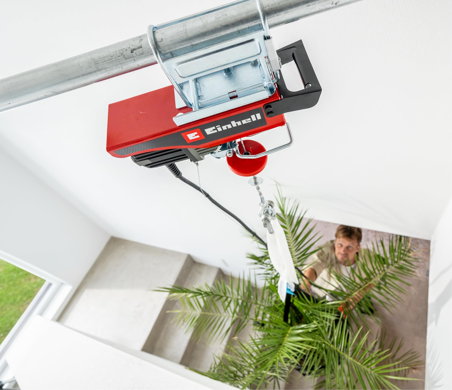 Einhell Palan sans fil TE-EH 18/250 Li BL Power X-Change (18 V, sans charbon, capacité de charge 125 kg / 250 kg avec poulie de renvoi, hauteur de course 12 m, vitesse 3,5 m/min, câble en acier)