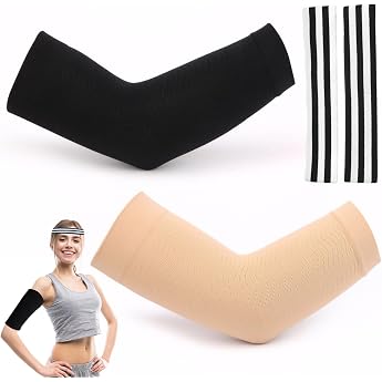 2 Paare Oberarm Bandage Kompression Arme Lip dem Arm Kompression mit Sport-Stirnband Schwei absorbierend und Atmungsaktiv Geeignet f r Ellenbogensport und Fitness Schwarz/Hautfarbe