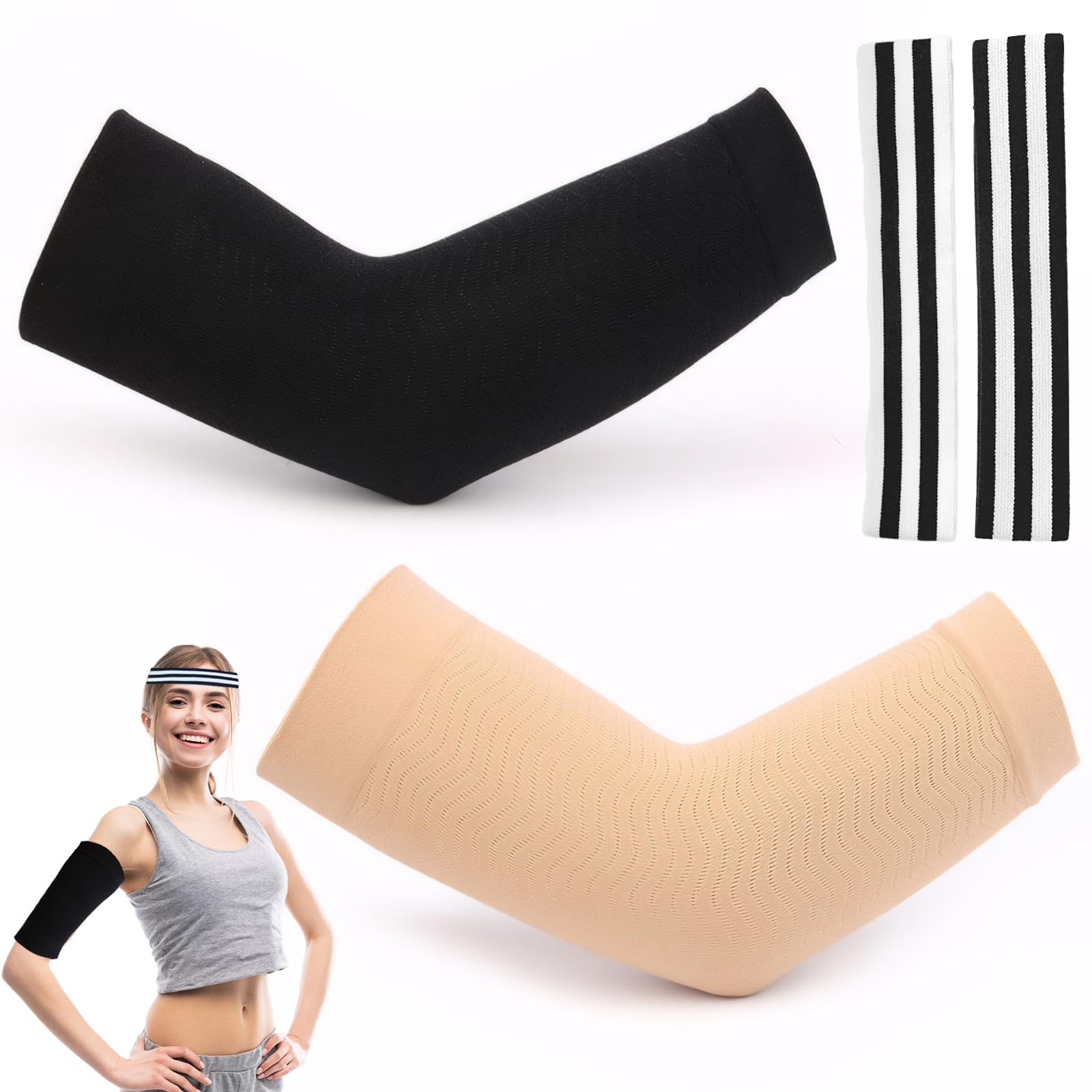 2 Paare Oberarm Bandage, Kompression Arme Lipödem, Arm Kompression, mit Sport-Stirnband, Schweißabsorbierend und Atmungsaktiv, Geeignet für Ellenbogensport und Fitness (Schwarz/Hautfarbe)