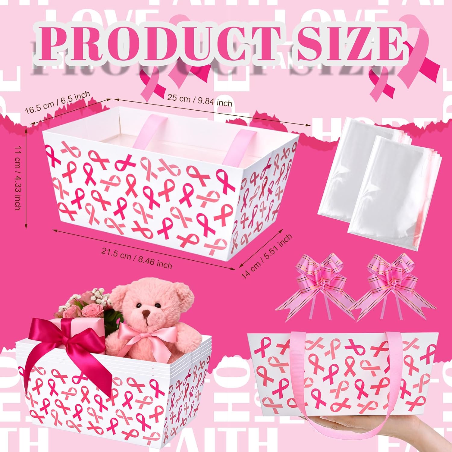 Moinchore 12 Set Pink Ribbon Basket for Gifts Empty 9.8 x 6.5'' Breast Cancer Awareness Market Tray Cardboard with Bows, Cellophane Bags, Twist Tiles, Empty to Fill for Birthday Wedding Party Supply