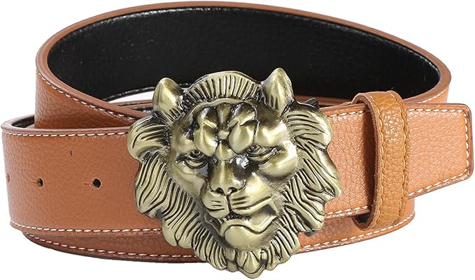 Amazon Perfk ファッションメンズレザーウエストベルトカジュアルライオンヘッドバックル装飾 黄色 ベルト 通販