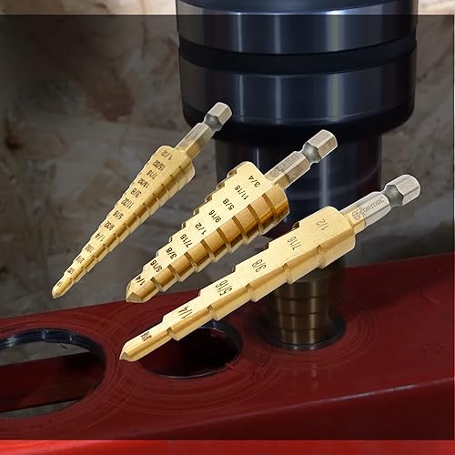 Miniatura 7 de Juego de brocas escalonadas de titanio, 3 unidades Unibit de acero de alta velocidad, vástago de 14 pulgadas, total 28 tamaños de 316 a 12 pulgadas