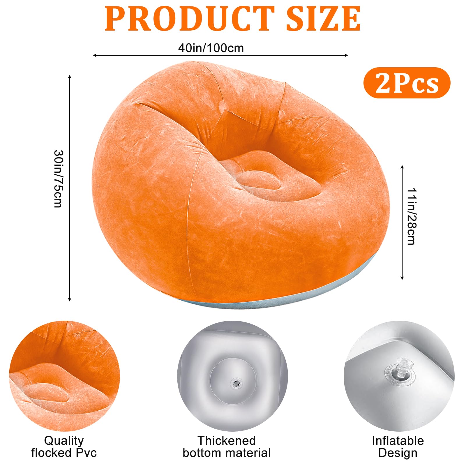 MALLOOM 2 Chaises Poufs Gonflables pour Adultes – Canapé Paresseux Gonflable avec Pompe Électrique – Canapé Portable Pliable pour Salon, Chambre, Extérieur, Camping 120 cm (Vert, Orange)