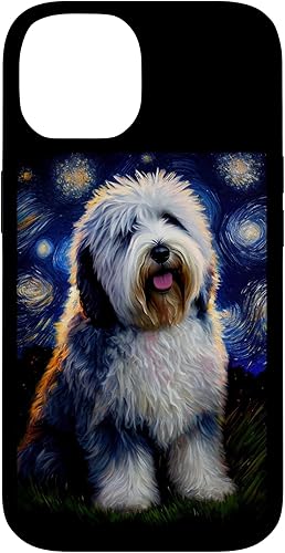 iPhone 14 Antiguo perro pastor inglés en noche estrellada pintura perro mamá papá caso