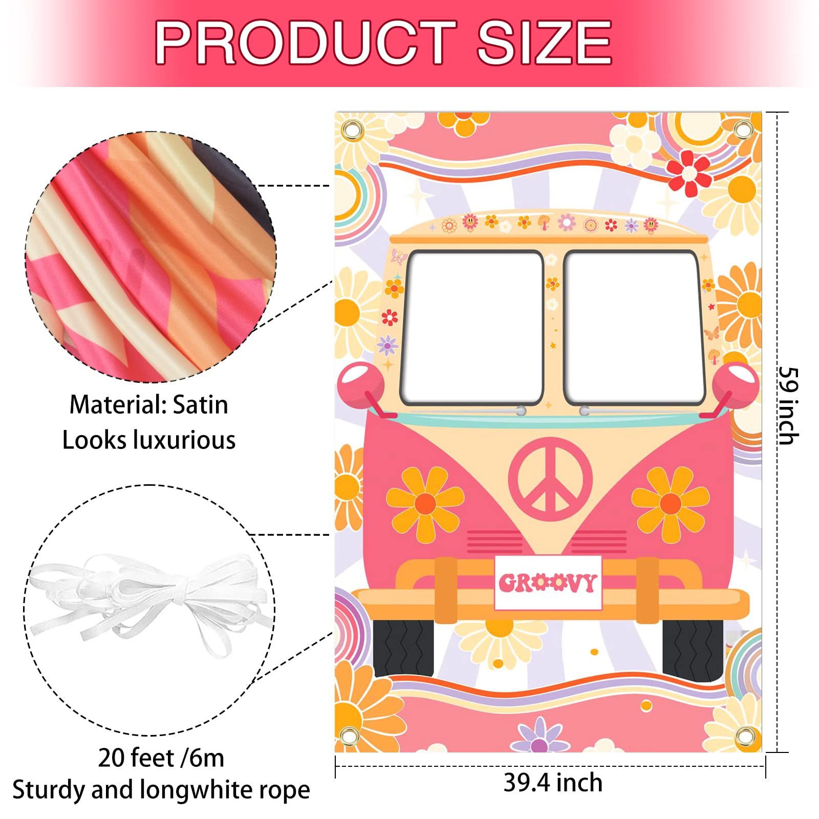 Hippie Photo Booth Props, Hippie Bus Prop Groovy Bus Photo Booth for 60'S 70'S Party, Hippie Party Decorations, Daisy Bus Photo Prop Two Groovy Birthday Decor, Groovy Photo Booth Frame - 59 × 39.4 in