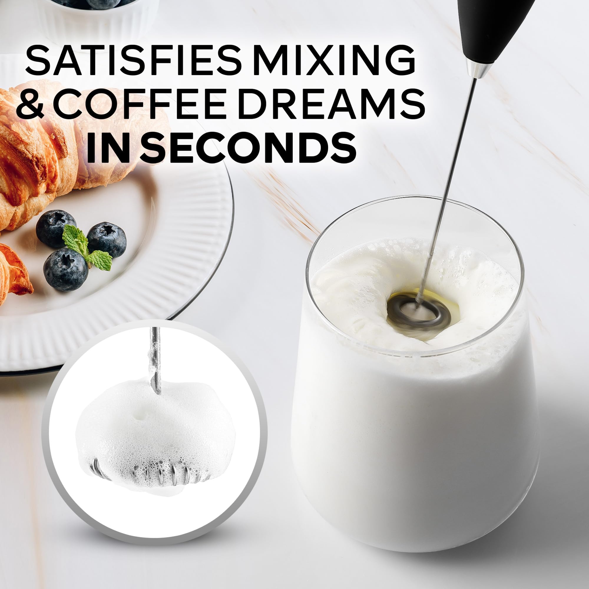 Zulay Kitchen Powerful Milk Frother Wand - Ultra Fast Handheld Drink Mixer - Electric Whisk Foam Maker for Coffee, Lattes, Cappuccino, Frappe, Matcha, Hot Chocolate & Coffee Creamer - Milk Boss Black - 3