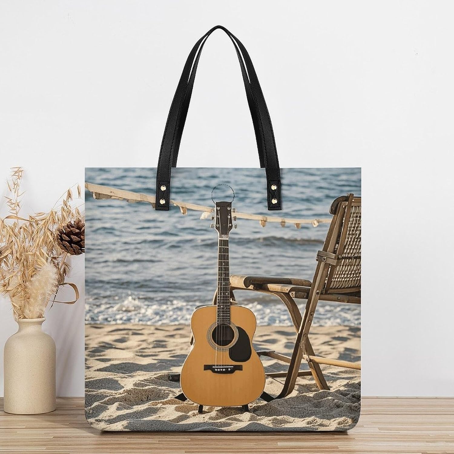 Guitar on The Beach Tote Bag with Magnetic Buckle Reusable Grocery Bags Lightweight Cross Body Handbag for Daily Essentials