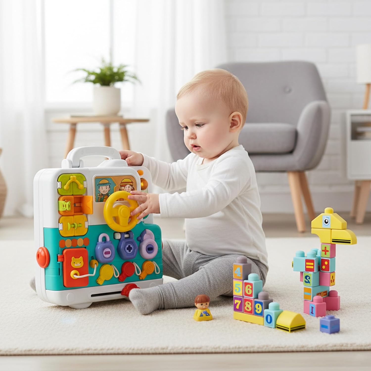 Baby Soft Blocks 34 PCS + Montessori Busy Board, Blocks 6-12 Months, STEM Stacking Toys, Sensory Activity Board Toddlers 1-3, Lights & Music, Travel Toy Airplane/Car, Gifts for Boys Girls