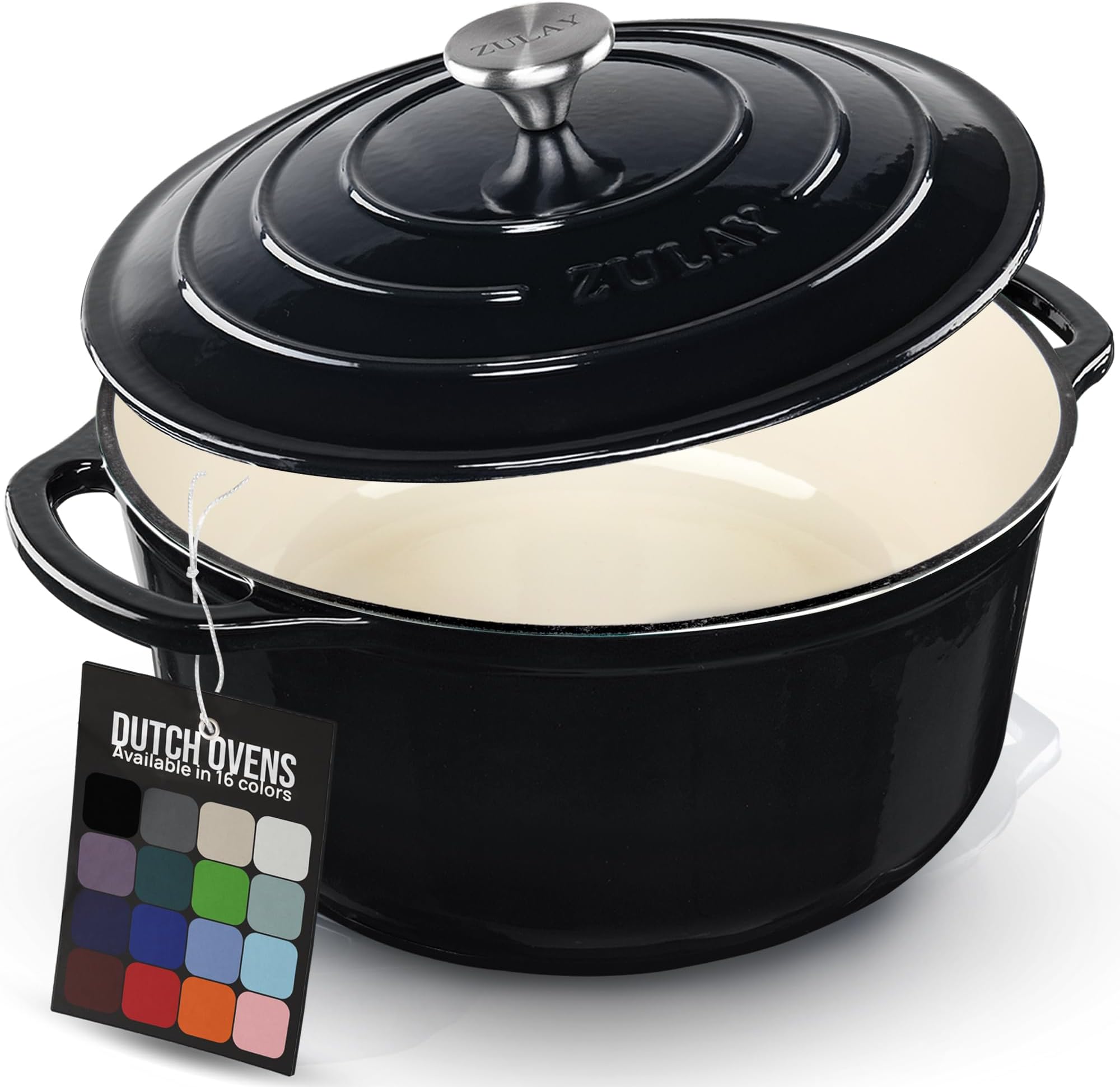 Zulay Kitchen 6.4 Quart Enameled Cast Iron Dutch Oven Pot with Lid – Premium Durability & Oven Safe up to 500°F – Heavy Duty Cookware Perfect for Bread Baking, Stews, Braising & Roasting - Black