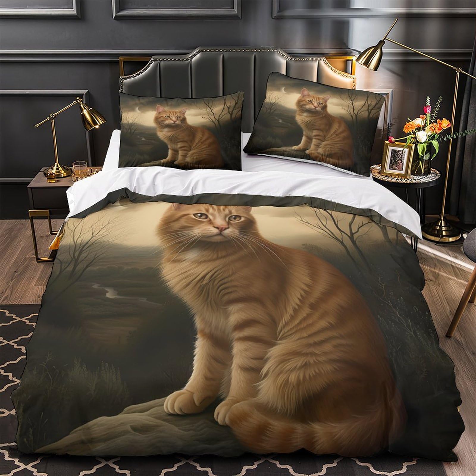 Parure de lit chat orange avec housse de couette 140x200cm en microfibre douce pour ado
