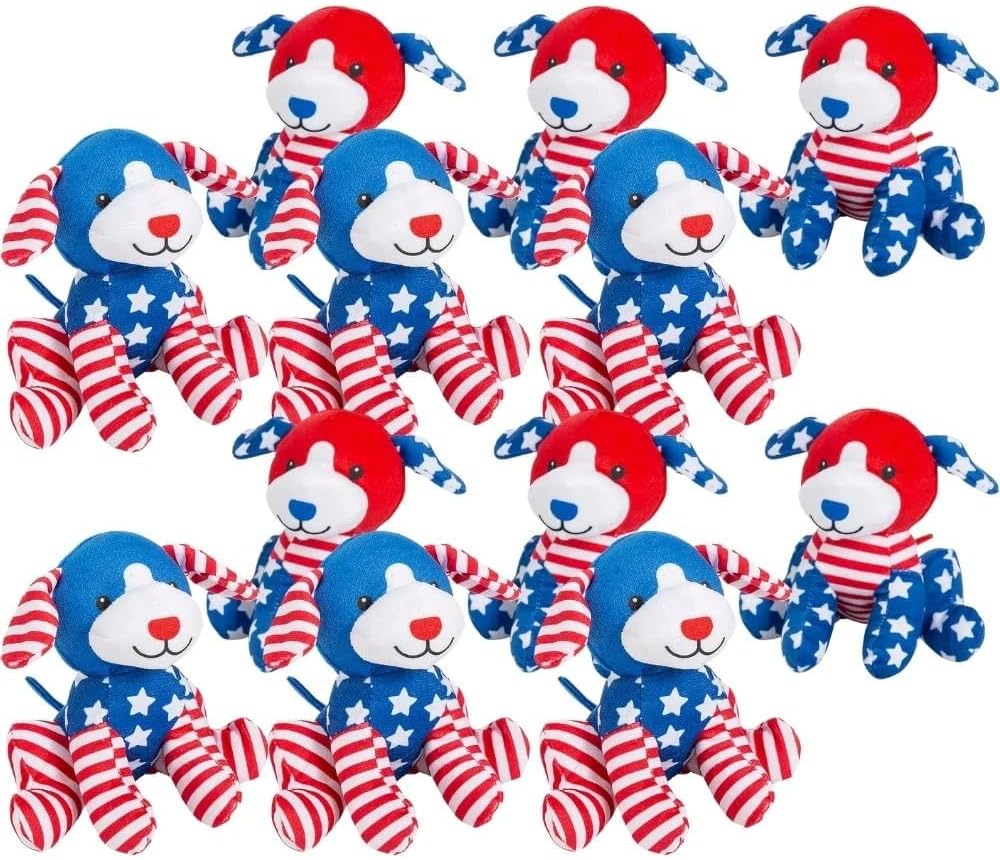 Fun Express Stuffed Animals Bulk 12 Pack - Mini Plush Patriotic Puppy Dogs for Kids | Small Dog Plushies Party Favors Set | Soft Stuffed Puppies for Classroom, Fourth of July & Birthday Celebrations