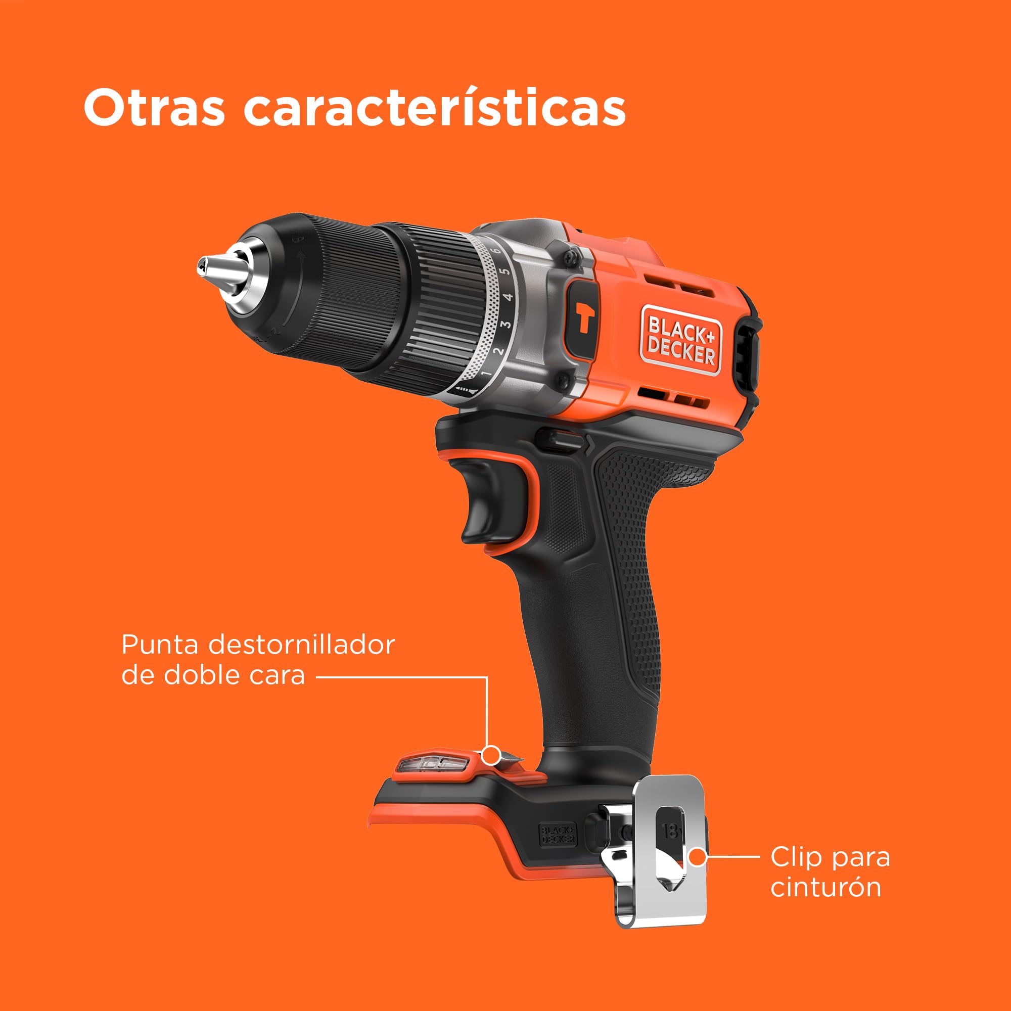 BLACK+DECKER Taladro percutor inalámbrico POWERCONNECT 18V, 45Nm de par, 2 velocidades, luz LED, portabrocas sin llave, sin batería ni cargador, BCD383XN-XJ