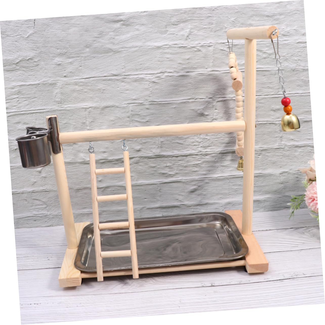 DOITOOL Puesto de Loros Madera Parque Infantil Columpio Escalera Juguete Colgante Acero Inoxidable Cuenco Bird Toys Columpio para Pájaros Colgante de Madera para Loros Juguetes para Pájaro