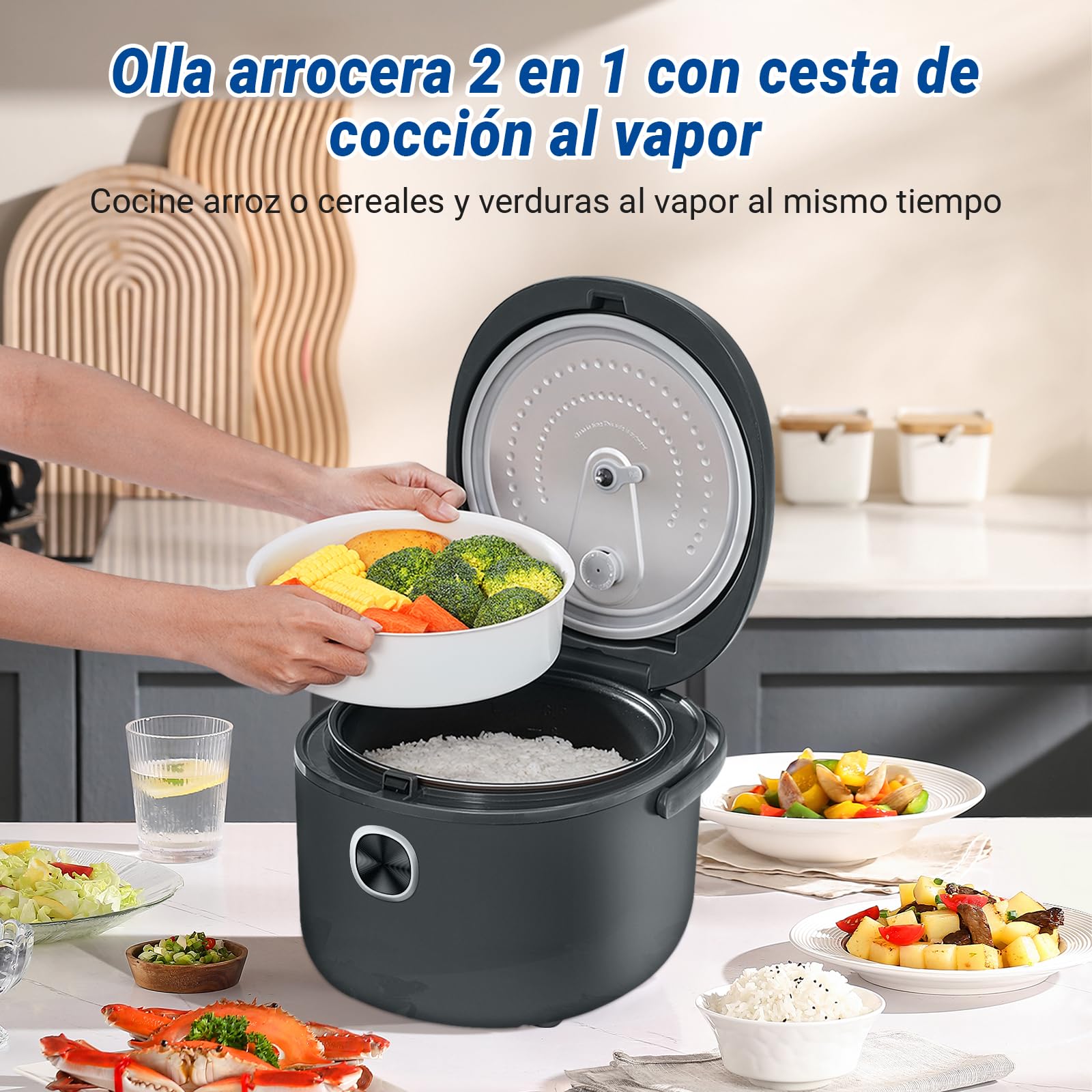 AMZCHEF Olla Arrocera Eléctrica de 4L para 5 personas, 8 Tazas (Sin Cocinar), Mini Rice Cooker de 860W, 7 funciones de cocción, Cesta para Cocinar al Vapor, Temporizador, Olla Interior Antiadherente