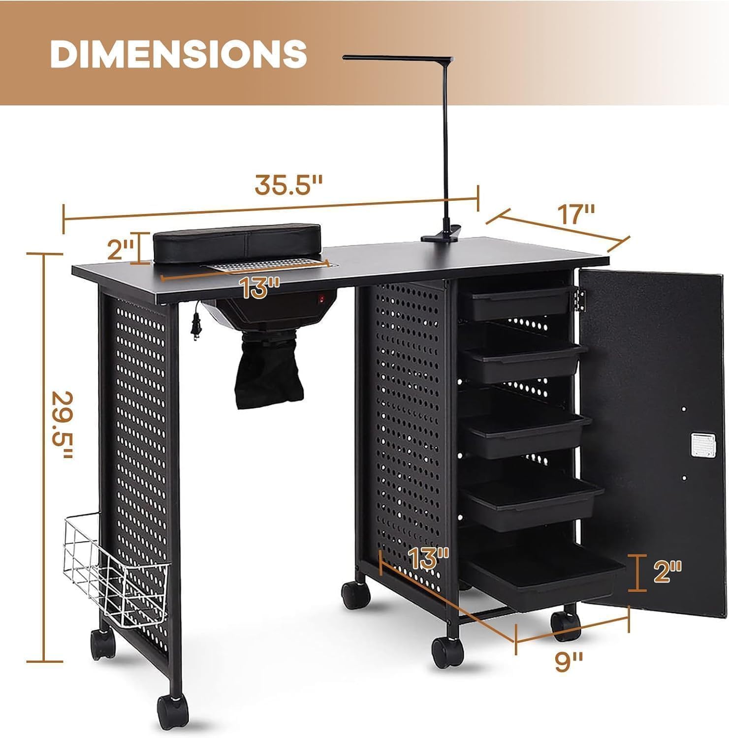 WELLHUT Manicure Table, Mobile Nail Tech Nail Desk with Dust Collector, Steel Frame Acrylic Manicurist Desks Spa Salon Furniture Workstation Beauty Organizer w/LED Lamp, 5 Drawers w/Key, Storage Shelf