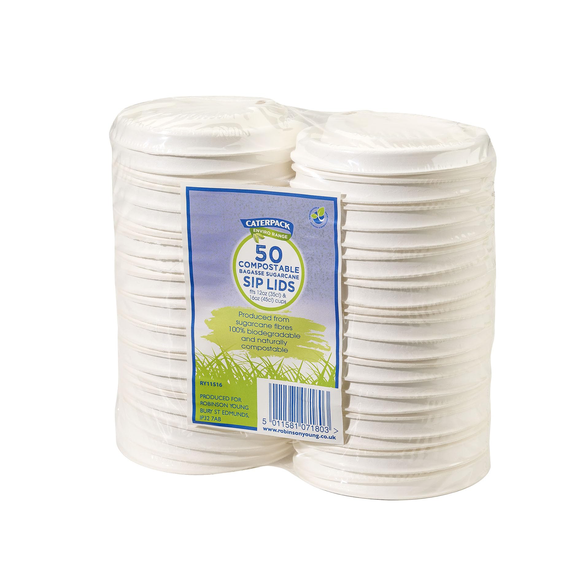 Caterpack Enviro - 50 Pack Compostable Sip Lids - Fits 12oz & 16oz Cups, Plastic Free Bagasse, Biodegradable, Eco-Friendly Takeaway Coffee Tea Lids for Catering, Cafes, Restaurants, Events
