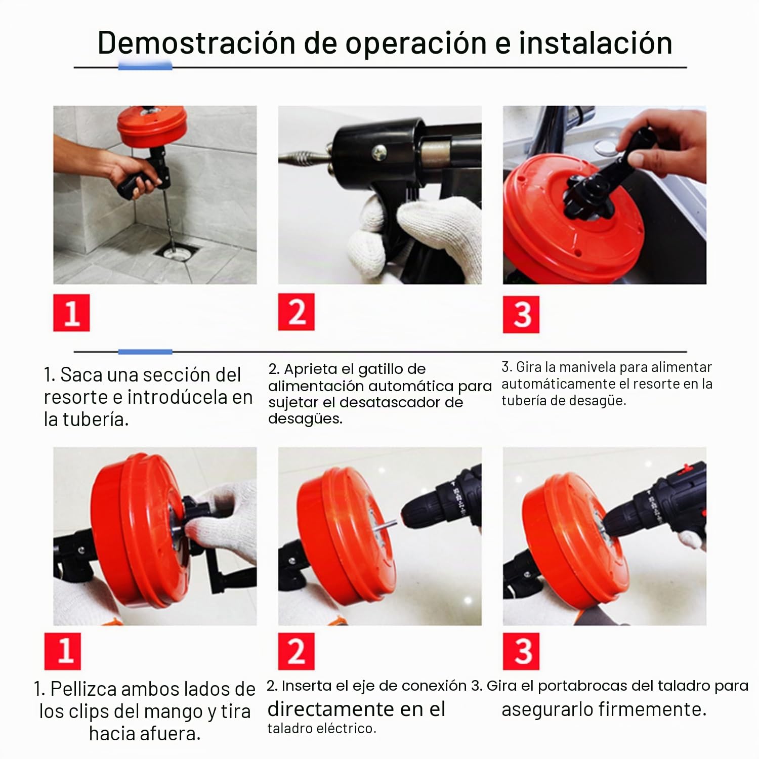 Desatascador Tuberias [15m],Alambre Desatascador Tuberias Con Adaptador De Taladro,¡Espiral Limpiador De Desagües y De Tuberías Para Aficionados Al Bricolaje,Con Guantes Incluidos,Naranja