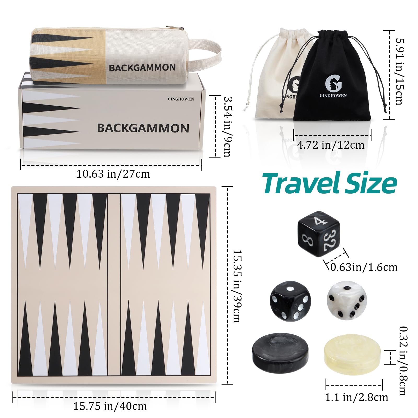Zestaw do gry w backgammon klasy premium, silikonowe, klasyczne gry na planszy, dla 2 graczy, składany, przenośny zestaw do gry podróżnej z torbą do przechowywania (khaki)