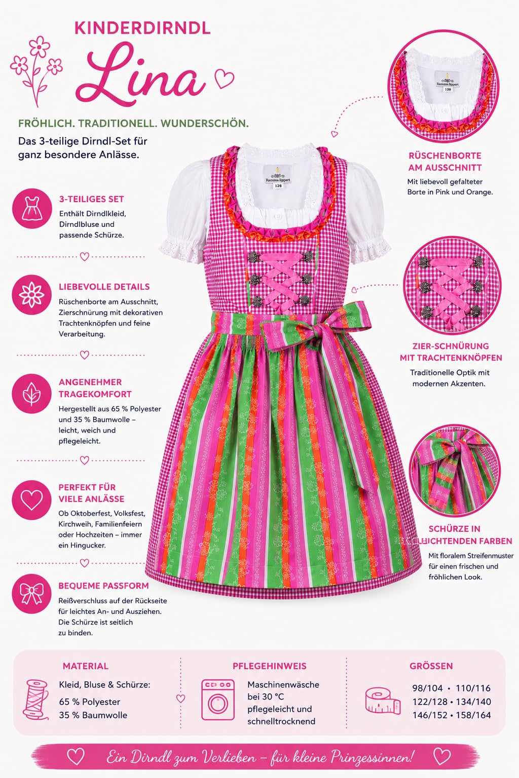 Ramona Lippert Kinderdirndl Lina 3-teilig mit Bluse und Schürze rosa