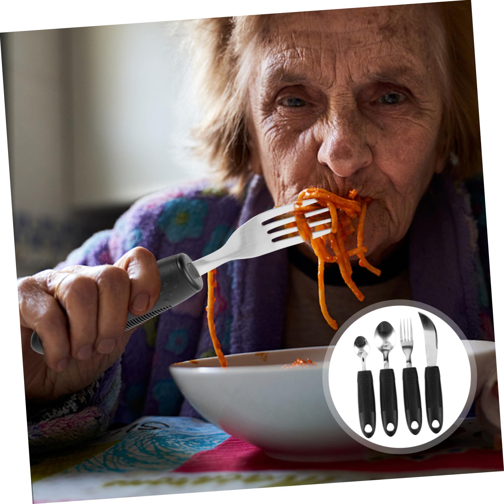 KOMBIUDA 1 Set Anti-Shake Tableware Set for The Elderly Strokes Spoon Adaptive Tableware Restraints Disabled Person Utensil Offset Rubber and Fork Shockproof Travel