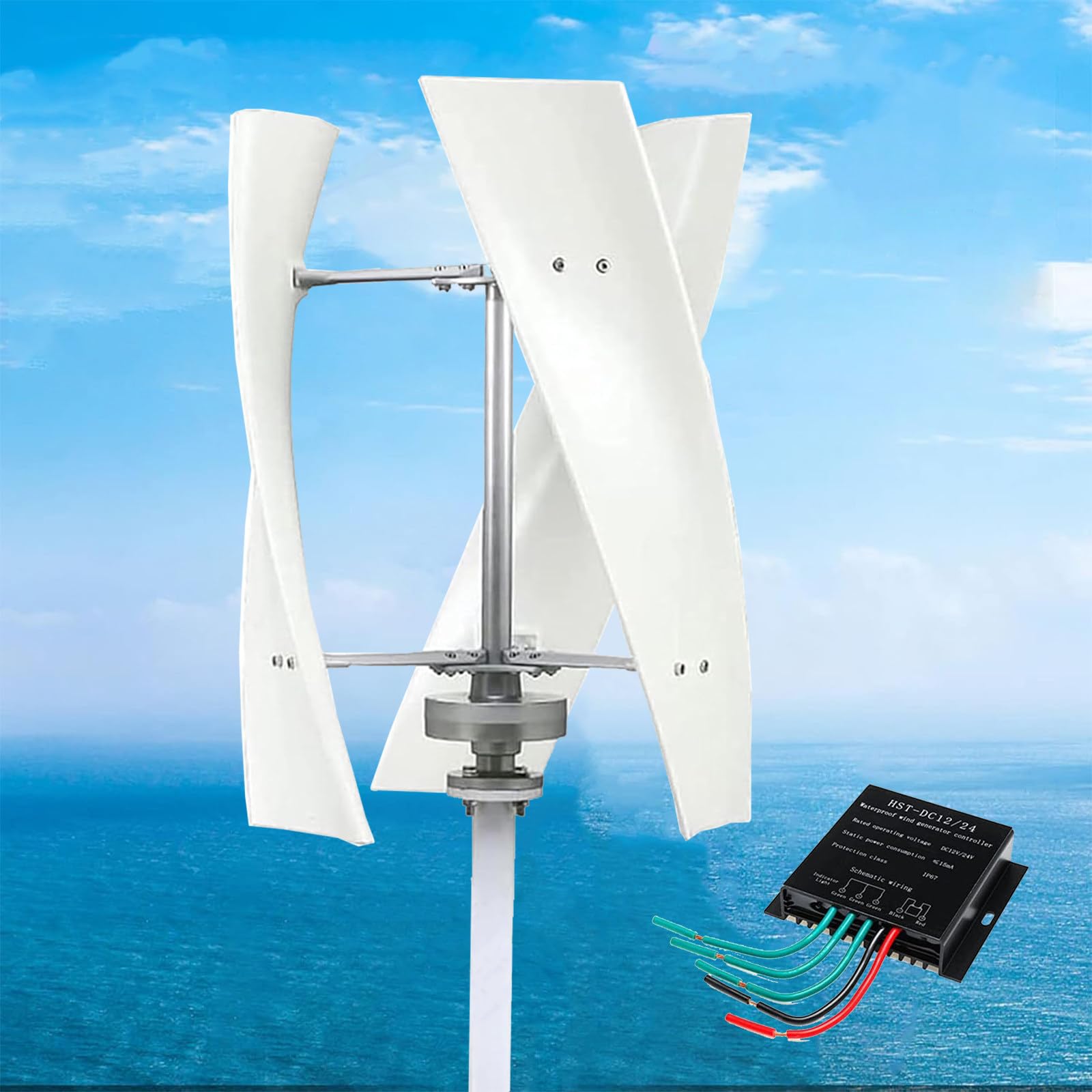 Turbina Eolica 14000W, per Casa, Illuminazione Stradale, Barca, Kit Generatore Eolico Verticale con Regolatore Mppt, Bianco,12V