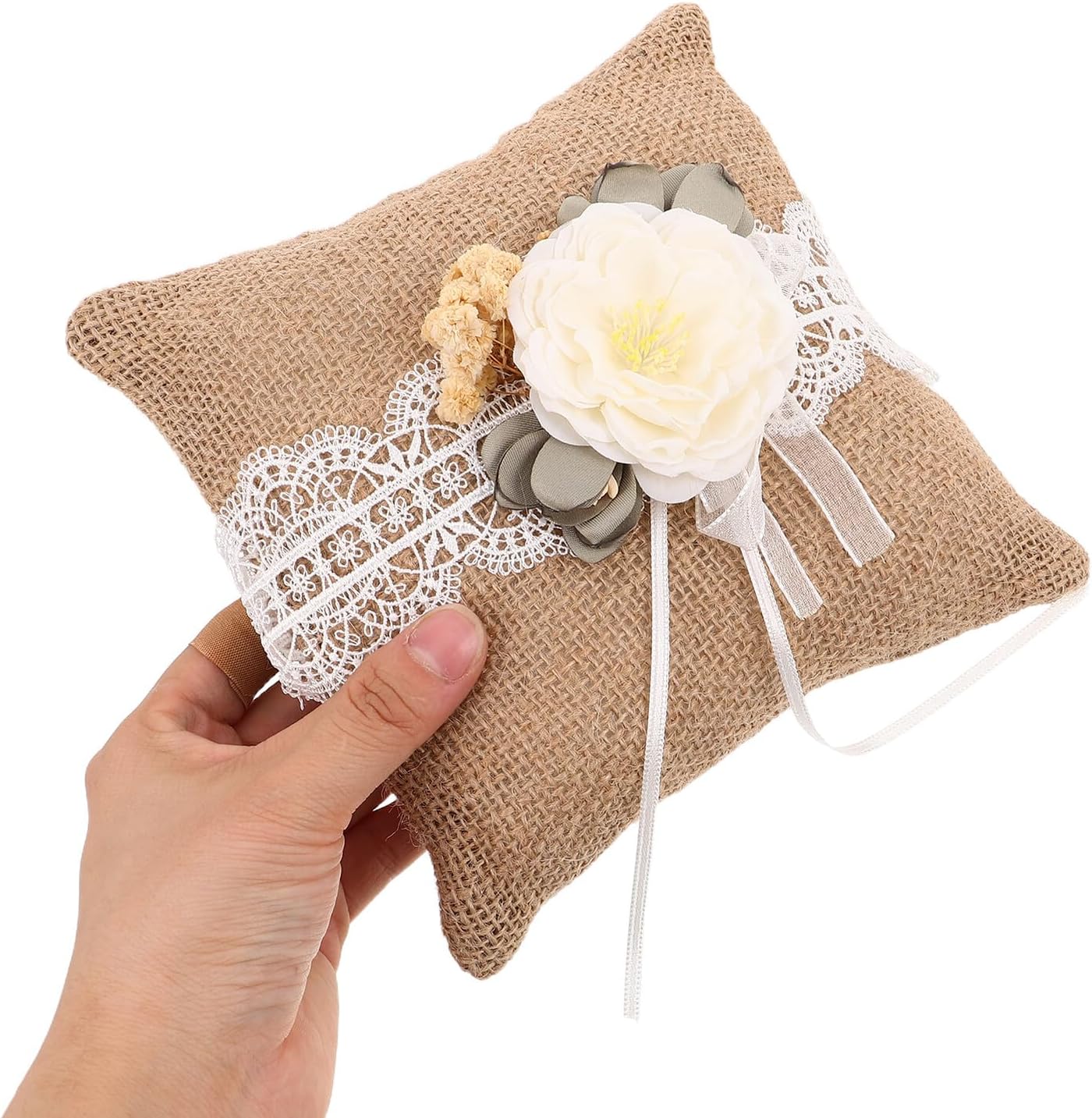 Vintage Wedding Ring Pillow Burlap Lace Bridal Ceremony Cushion with Pocket, Rustic Ring Bearer Pillow for Engagement and Wedding Display, Coffee Color Linen Cushion