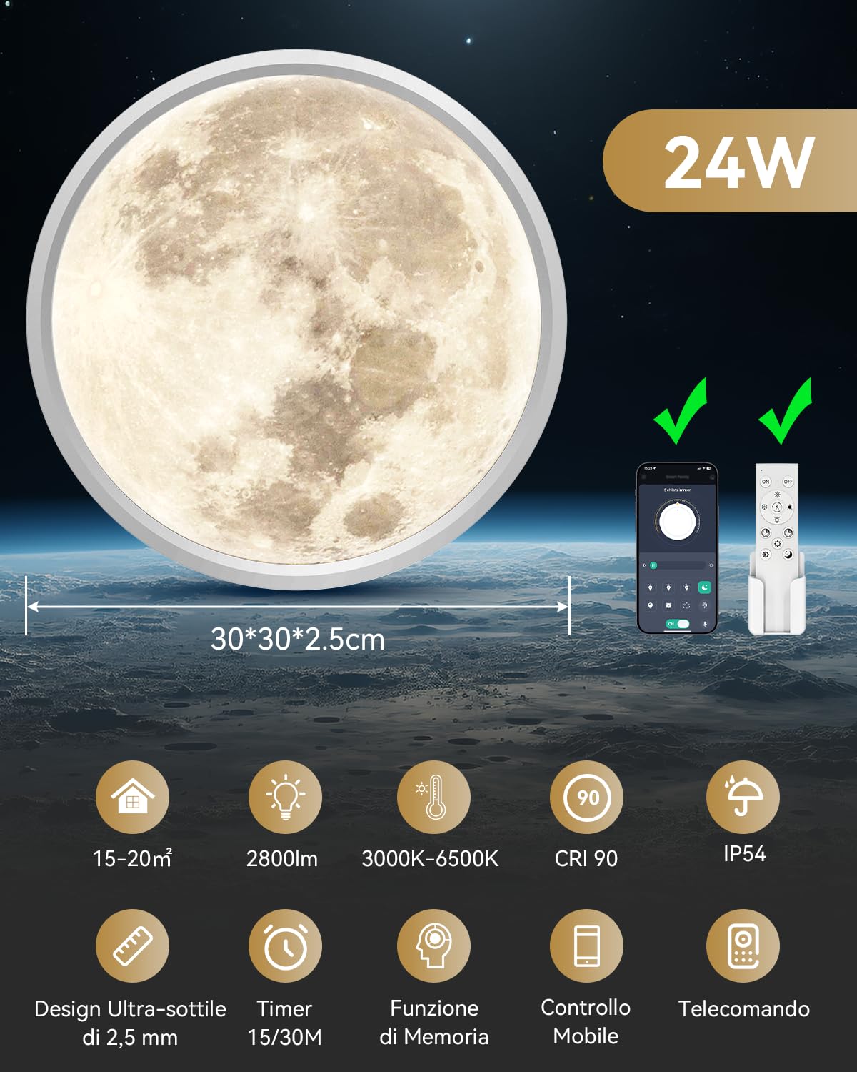 Aphyni Plafoniera LED Soffitto Moderna 24W Ø30cm,Design elegante della superficie lunare,Dimmerabile Facile da Installare Lampada da Soffitto 3000K-6500K per Camere da Letto,Soggiorno,Balcone