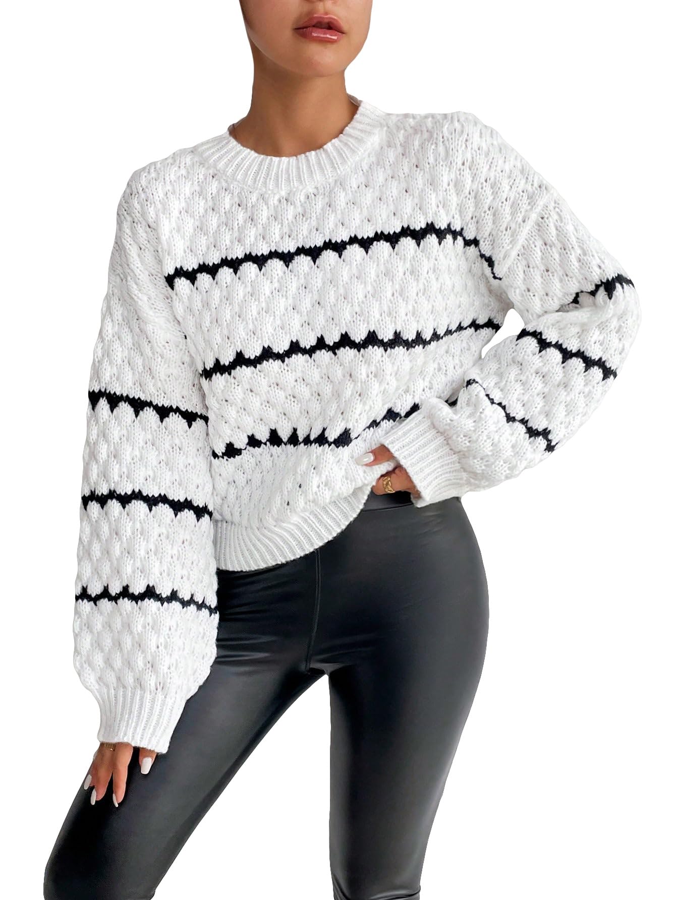 Verdusa Womens Striped Chunky Sweater Cozy Pullover Knit Tops Fall Sweaters Clothes
