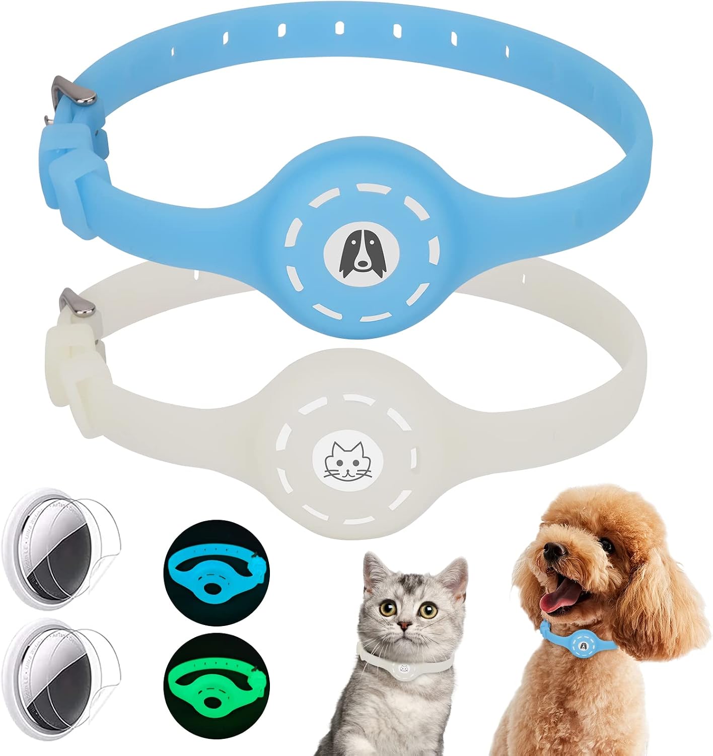 AirTag Dog Collar with AirTag Holder Case Integrated 2 Pack, Luminous Silicone Anti-Lost Apple Air Tag Dog/Cat Holder for Pet and 2 HD…