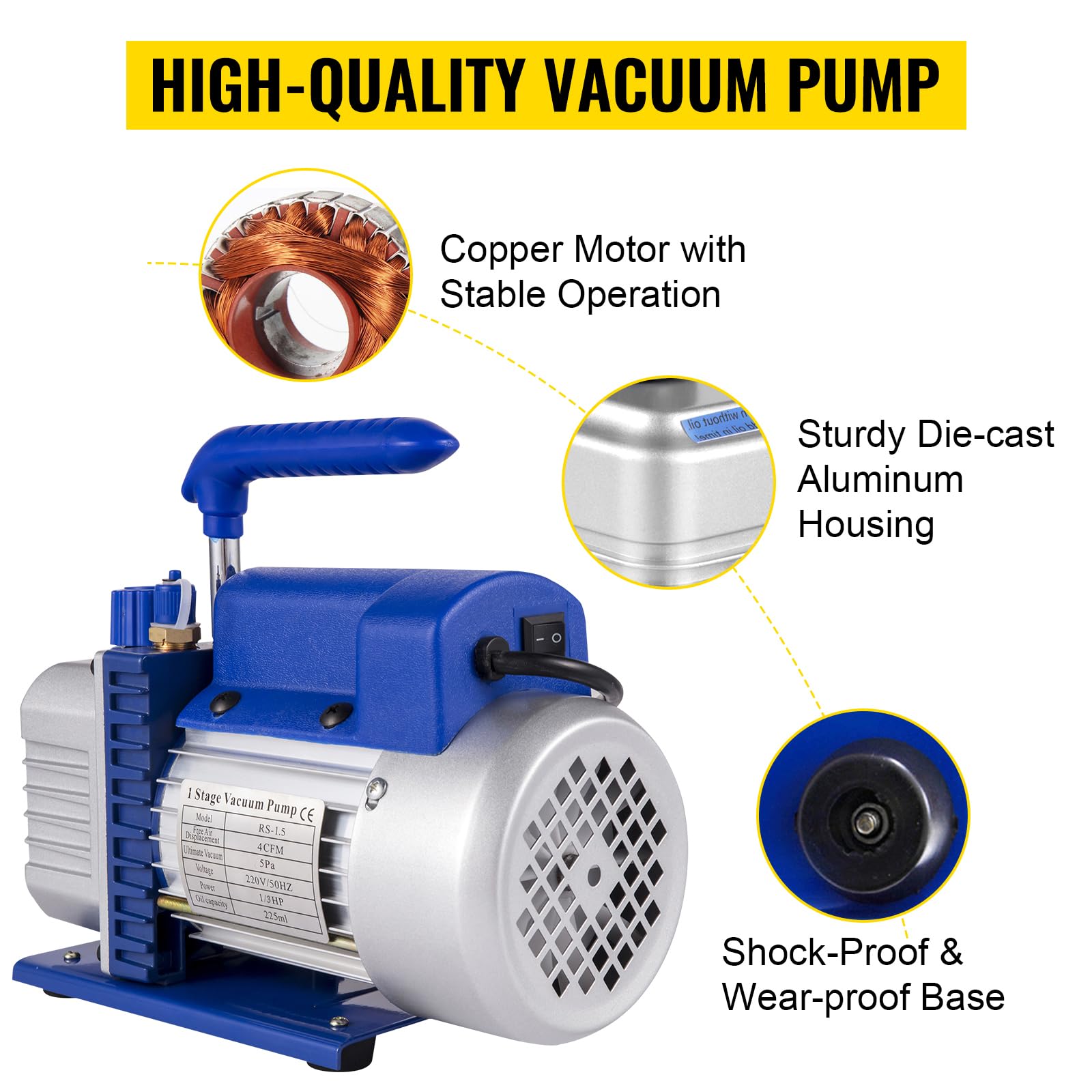 Bomba de Vacio Aire Acondicionado HVAC 4CFM1/3HP 220V 50Hz, 4 Válvula de Presión, para Coche, Refrigerador, Mantenimiento Automotriz y Envasado al Vacío