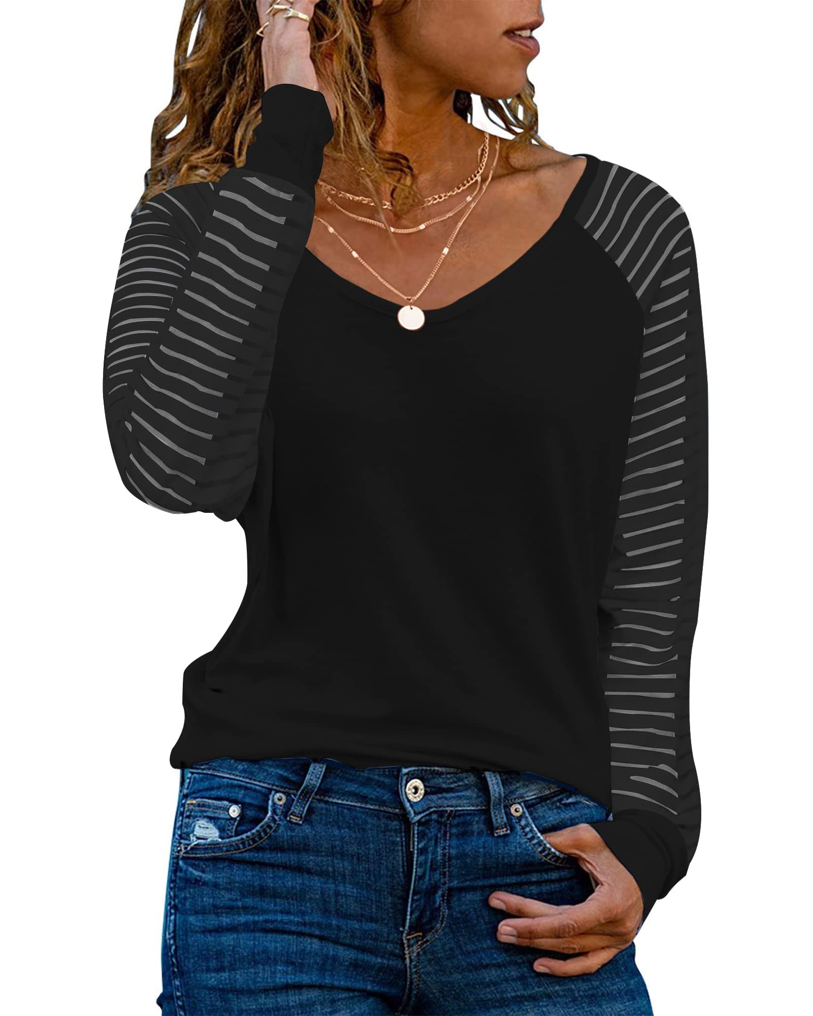 WNEEDU Long Sleeve Tops for Women V Neck Tunic Shirts Casual Loose Striped Sheer Mesh Raglan 2025 Blouse