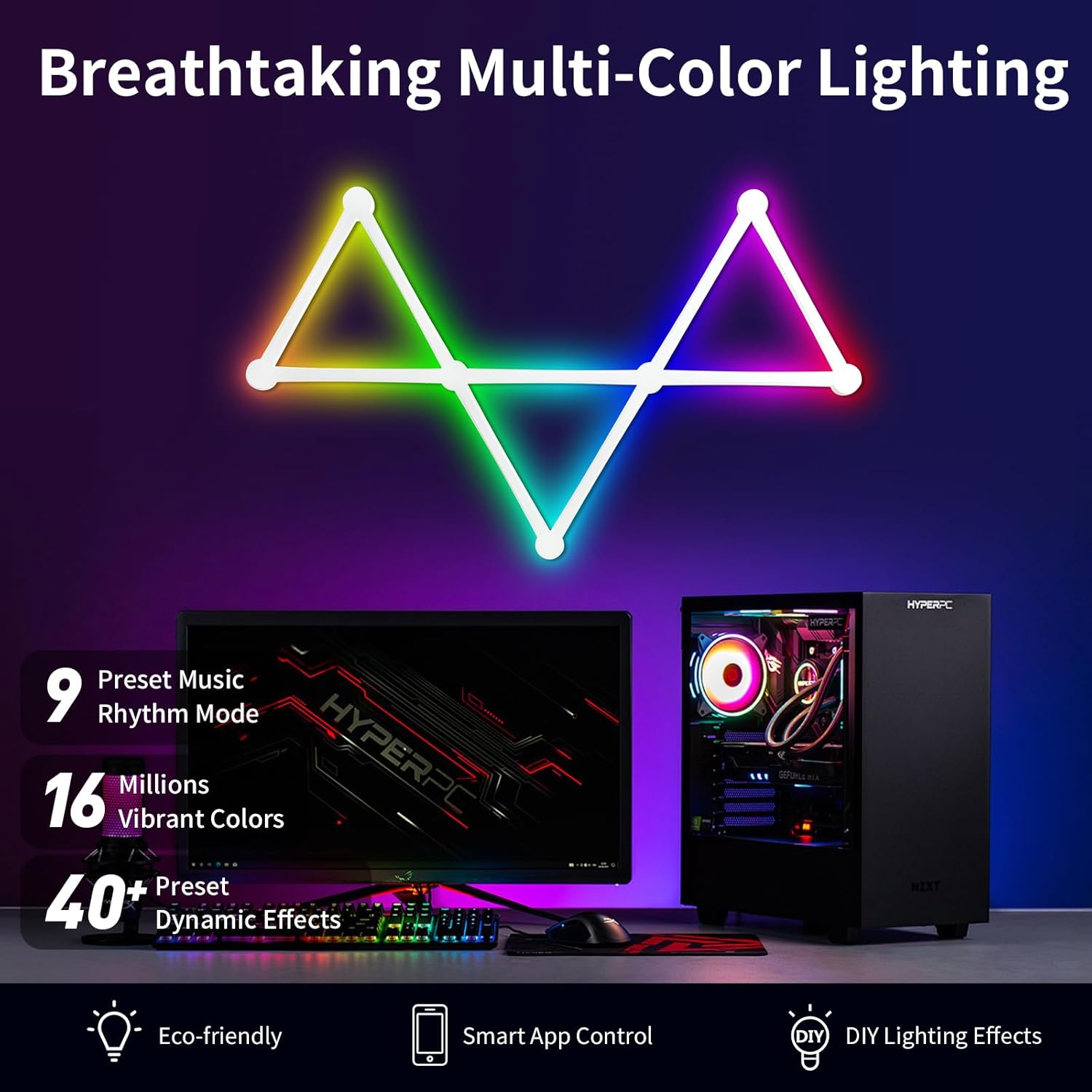 Smart WiFi LED Wall Lights, 16M+ Color Dimmable Gaming Light Works with Alexa and Google Assistant, Music Sync, DIY and Timer Feature, RGB Light Bars for Gaming Room, Bedroom (9 Pcs,White)