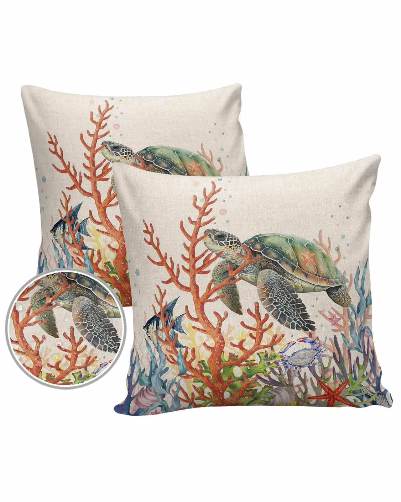 Turtle Coral Outdoor Pillow Cover 24x24 Inch Cushion Sham Case, Waterproof Decorative Square Throw Pillowcase for Outside Garden Patio Porch Couch Chair Tent Summer Tropical Fish Ocean Seaweed Crab