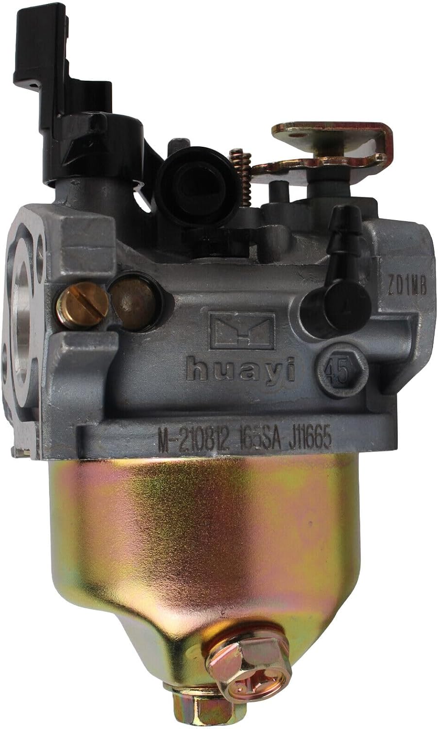 Carburetor front view showing 'huayi' branding and model number M-210812 165SA J11665.
