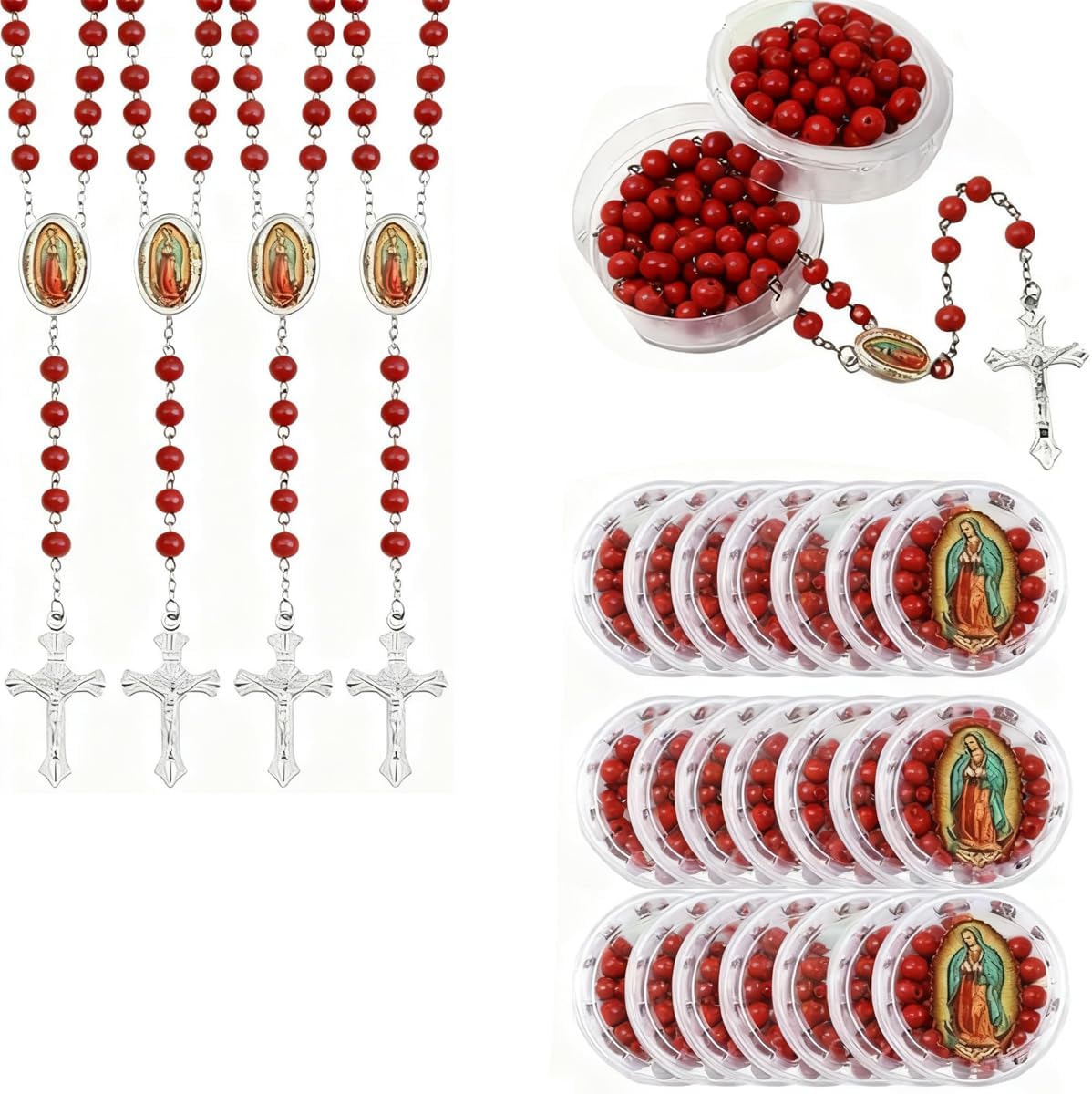 48 Pcs Scented Rosary Necklace Set with Gift Box – Wooden Bead Rosary with Crucifix for Women & Men, First Communion, Baptism, Party Favors