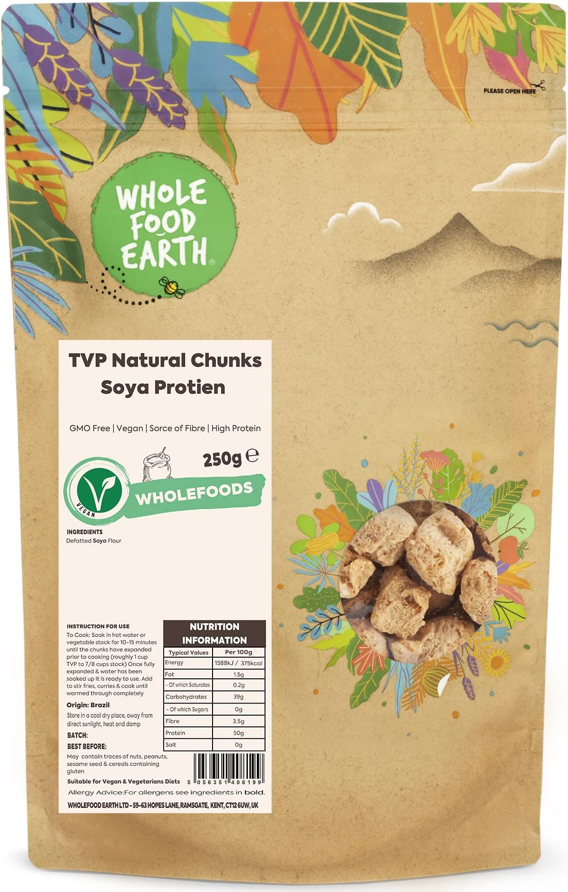 Whole Food Earth TVP Natural Chunks Soya Protien 250 g