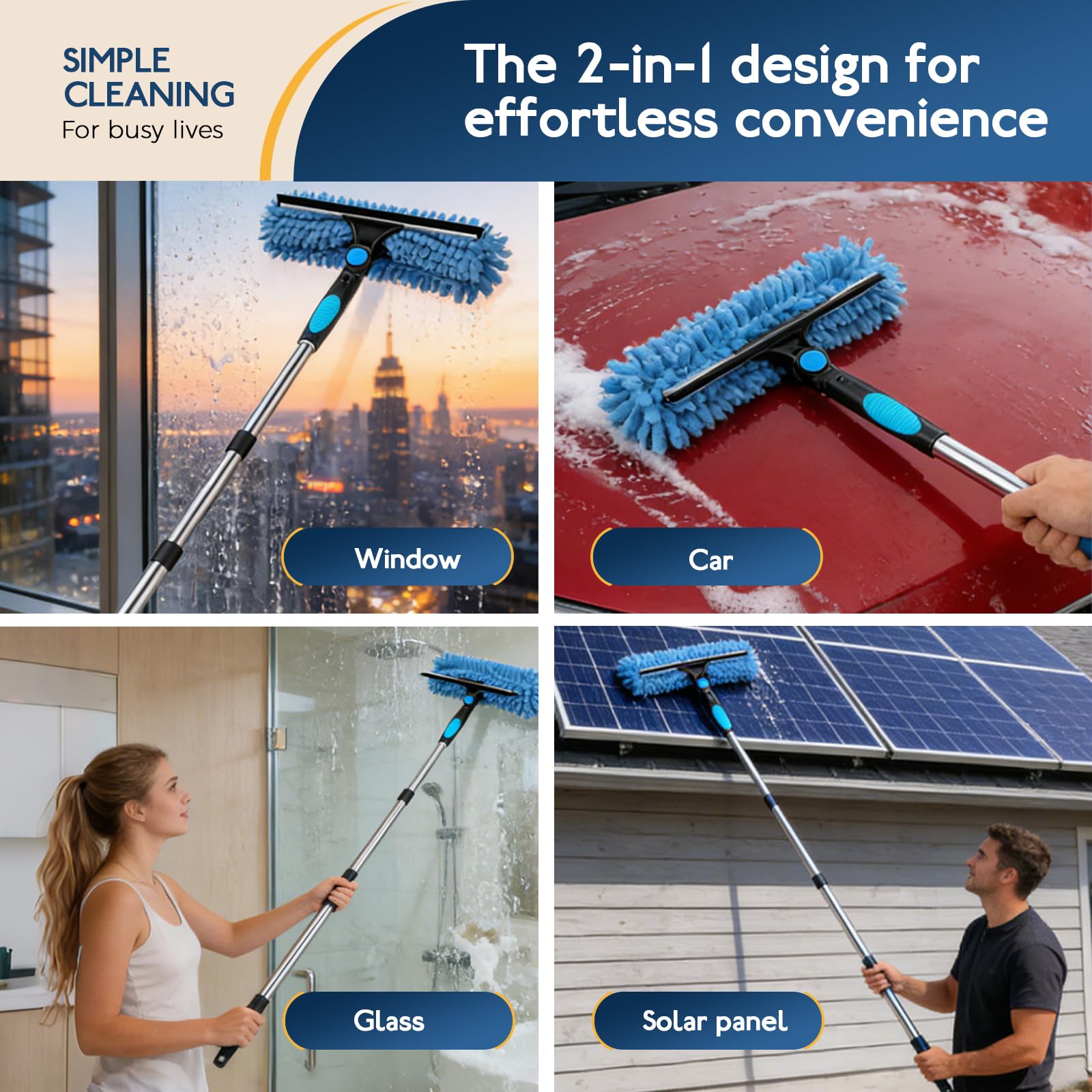 Kit Pulizia Vetri Telescopico 2-in-1 fino a 180 cm,Set Professionale con Racleta in Silicone,Paños in Microfibra,Manico Estensibile per Finestre Alte,Vetro,Doccia,Specchi & Auto