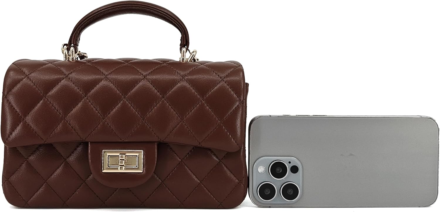 Small Quilted Crossbody Bag for Women, Genuine Leather Mini Shoulder Flap Purse with Gold Chain Strap & Top Handle - Image 8