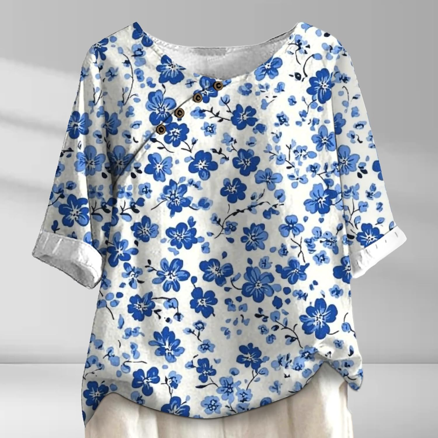 Womens Lightweight Tops Trendy Half Sleeve Crewneck Vintage Asymmetric Side Button Design Loose Fit T Shirts - Image 2