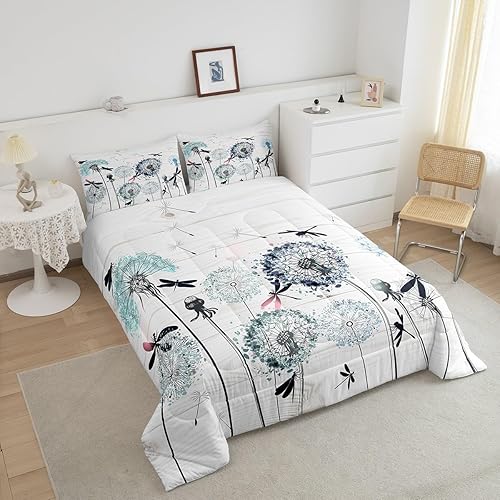 Miniatura 3 de Manfei Juego de edredón de diente de león, tamaño Queen, juego de ropa de cama bohemio de libélula de 3 piezas para niños y niñas, decoración de