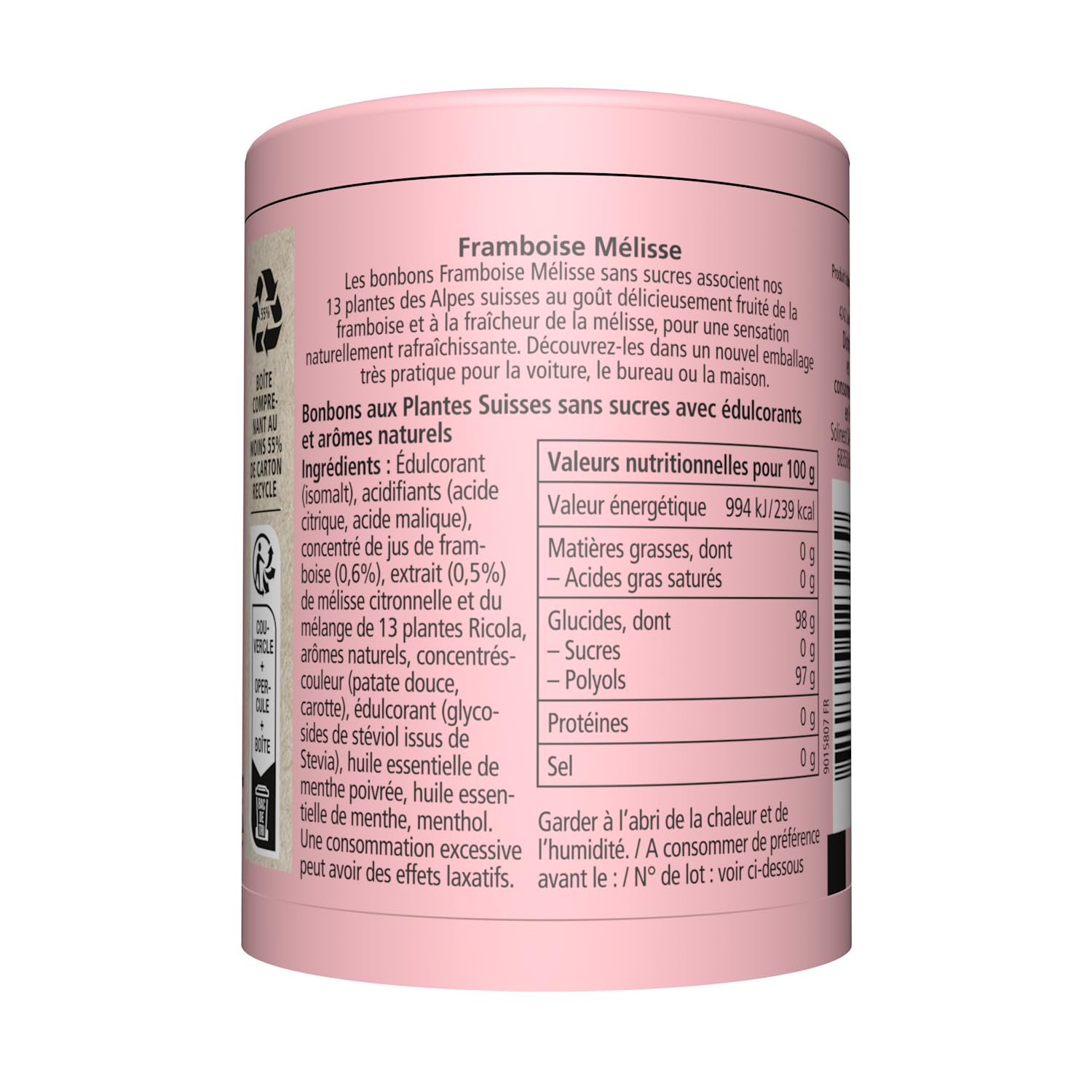 Ricola - Bonbons aux Plantes Suisses - Parfum Framboise Mélisse - Sans Sucres - 6 bottles de 100g