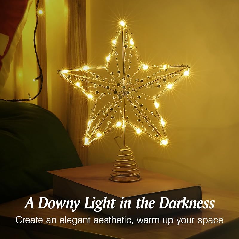 Lewondr 30 cm Arany Karácsonyfa Csúcsdísz Csillag - LED Világítással, Gyöngyös Díszítéssel, Elemes, 3D Fém Karácsonyi Dekoráció Ünnepekre