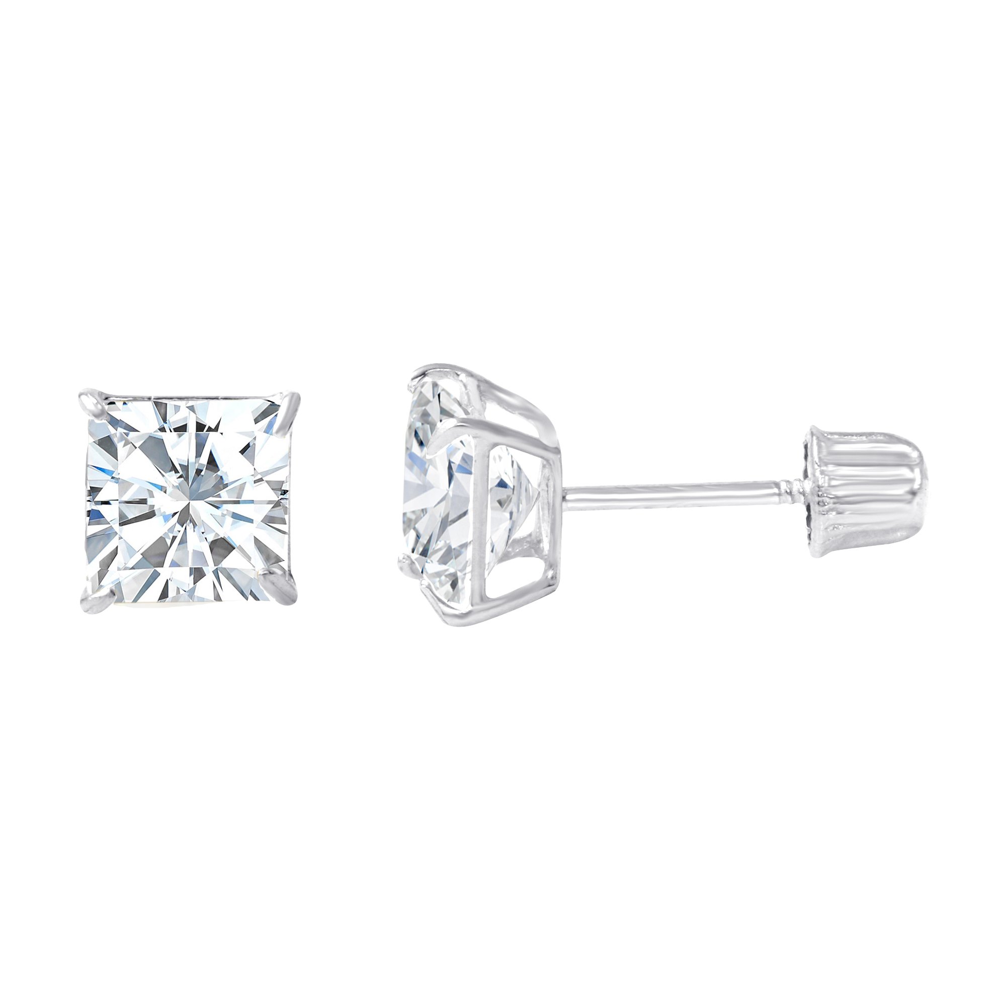 IOKA 14K Solid Gold Princess Cut Cubic Zirconia Stud Earrings with Secure Screw Backs | AAA CZ Square Solitaire Sparkle for Men &amp; Women | Yellow or White Gold (2mm-7mm, 0.1-1.75ct)
