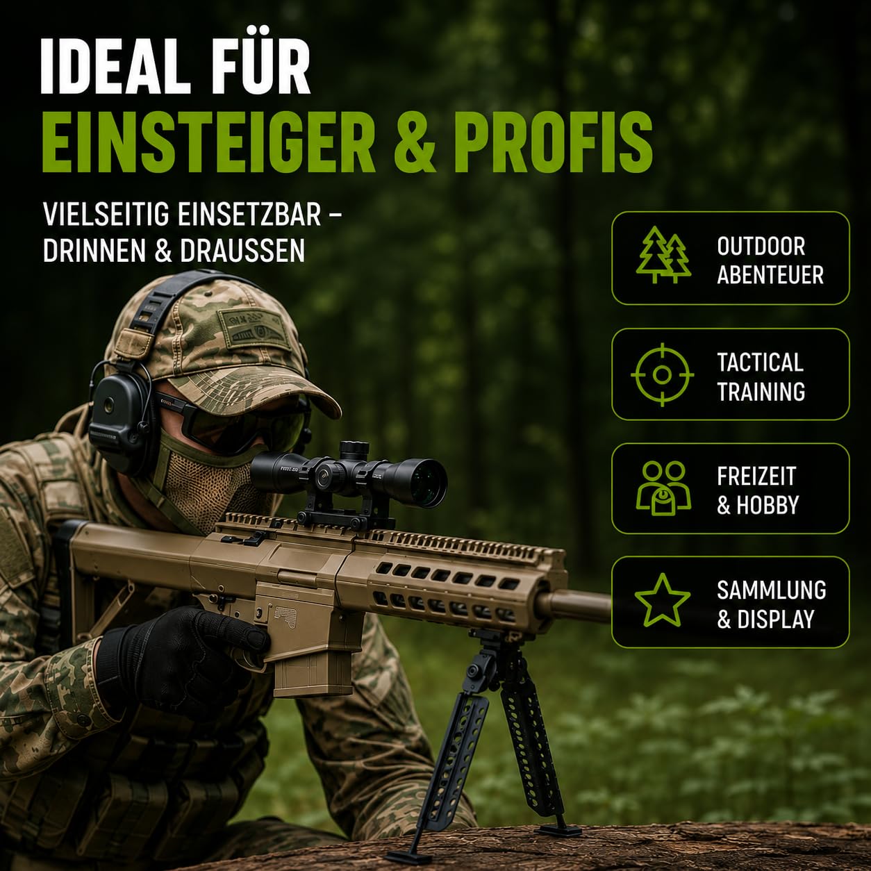 Fritz-Cell Set Airsoft Gewehr M82 140 cm Softair Waffe 0,5 Joule 6 mm inkl. Zweibein, Zielfernrohr, 500 Premium BB's 0,20g Munition FC31CD Dark Earth