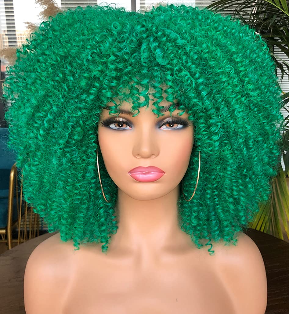 RunM Short Curly Afro Wig With Bangs for Black Women Kinky Curly Hair Wig Afro Synthetic Full Wigs（Black）