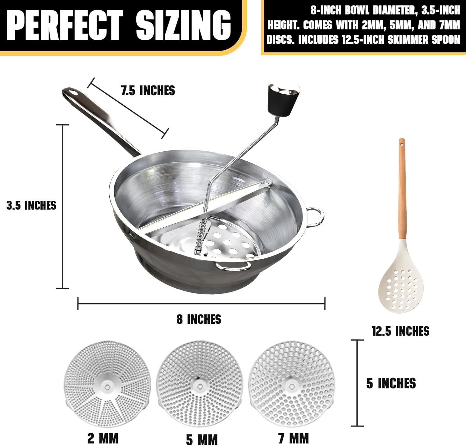 Food Mill Stainless Steel With 3 Milling Discs, Hand Crank Rotary Food Mill For Tomato Sauce, Apple Sauce, Puree, Mashed Potatoes, Jams, Baby Food, Multifunctional Spoon image 6 of 7 B0DQLNZ396