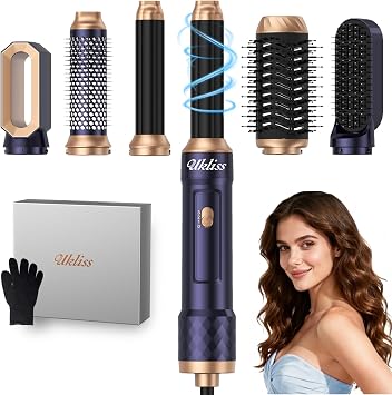 فرشاة مجفف شعر Ukliss 6 في 1، فرشاة هواء ساخن ومصفف شعر مع قابس أمان ALCI، فرشاة مجفف شعر أيونية لتصفيف الشعر بدون تجعد، وتكثيف الشعر وتجعيده تلقائيًا، لجميع أنواع الشعر