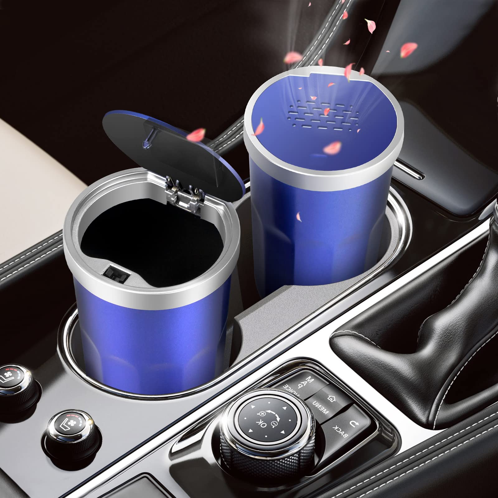 OUDEW 2 Packs Car Trash Can with Lid, Mini Bin, Aromatherapy Diffuser Press to Open Multipurpose Trash Can for Car, Home, Office, Kitchen, Bedroom, Blue